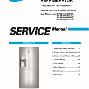 Samsung rf34h9950s4 rf34h9950sr rf34h9960s4 rf24j9960s4 service manual cover with model code and showing a line drawing of the refrigerator