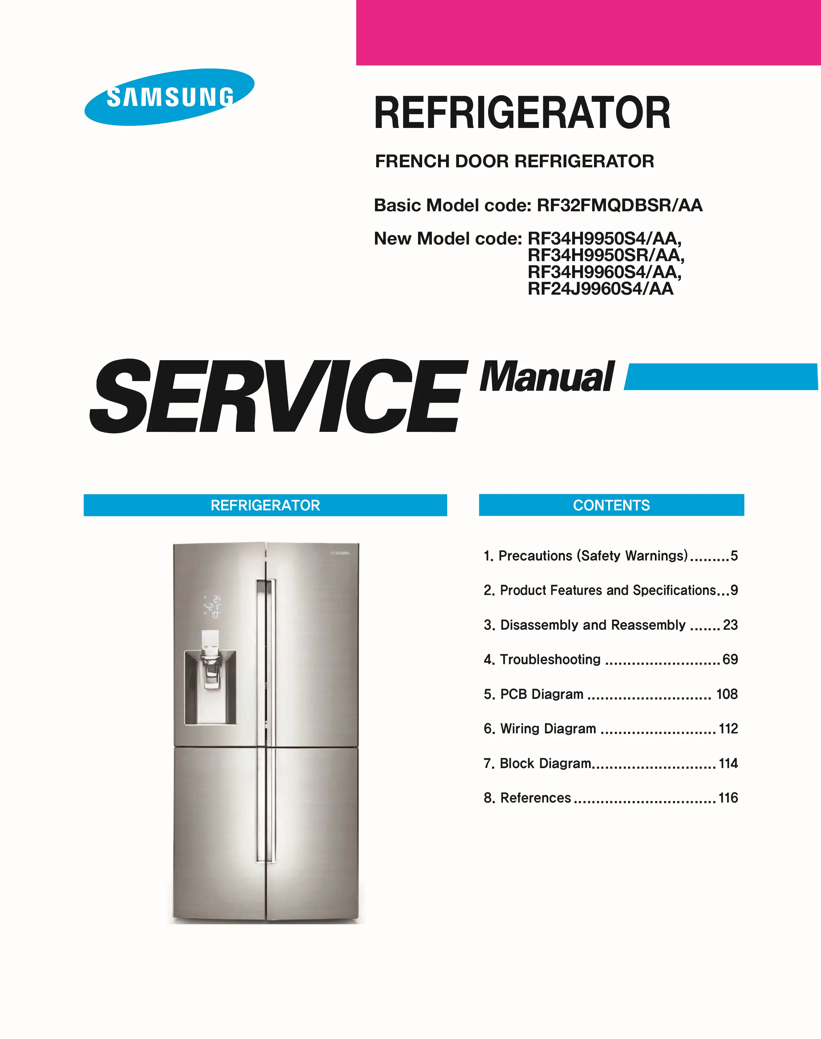 Samsung rf34h9950s4 rf34h9950sr rf34h9960s4 rf24j9960s4 service manual cover with model code and showing a line drawing of the refrigerator