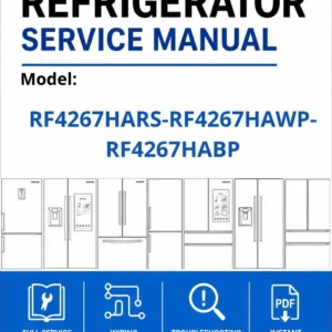 Samsung rf4267hars rf4267hawp rf4267habp service manual cover with model code and showing a line drawing of the refrigerator