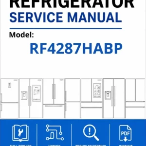 Samsung rf4287habp service manual cover with model code and showing a line drawing of the refrigerator