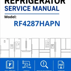 Samsung rf4287hapn service manual cover with model code and showing a line drawing of the refrigerator