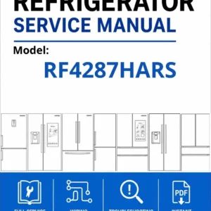 Samsung rf4287hars service manual cover with model code and showing a line drawing of the refrigerator