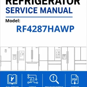 Samsung rf4287hawp service manual cover with model code and showing a line drawing of the refrigerator