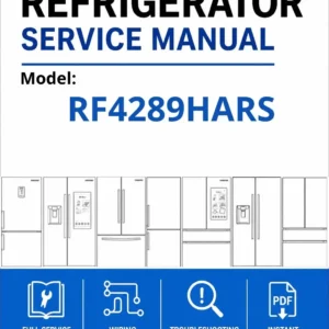 Samsung rf4289hars service manual cover with model code and showing a line drawing of the refrigerator