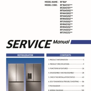 Samsung rf44a5002s9 rf44a5002b1 service manual cover with model code and showing a line drawing of the refrigerator
