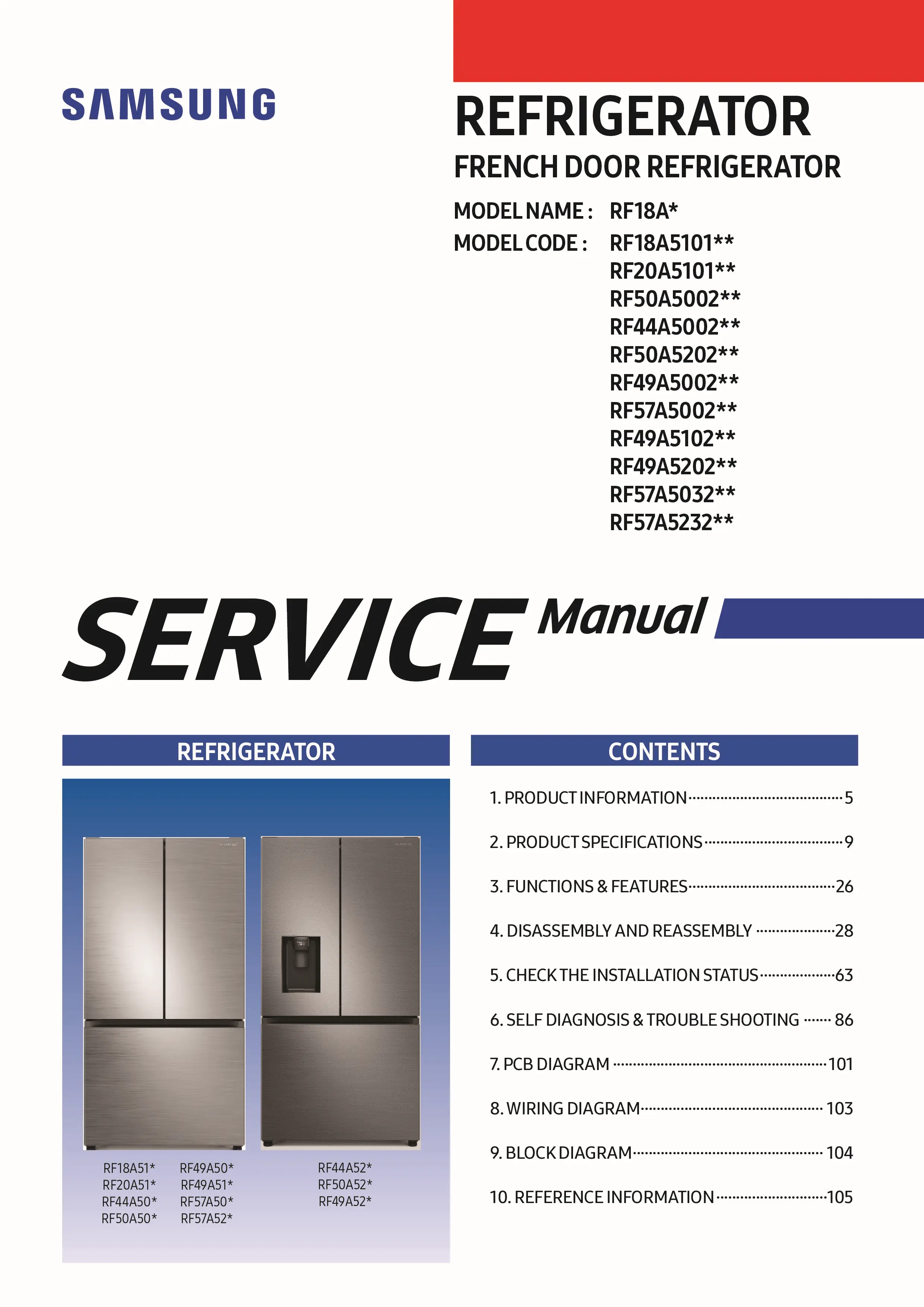 Samsung rf44a5002s9 rf44a5002b1 service manual cover with model code and showing a line drawing of the refrigerator