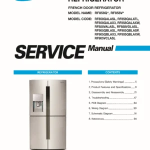 Samsung rf858valasl rf858vdlasl service manual cover with model code and showing a line drawing of the refrigerator