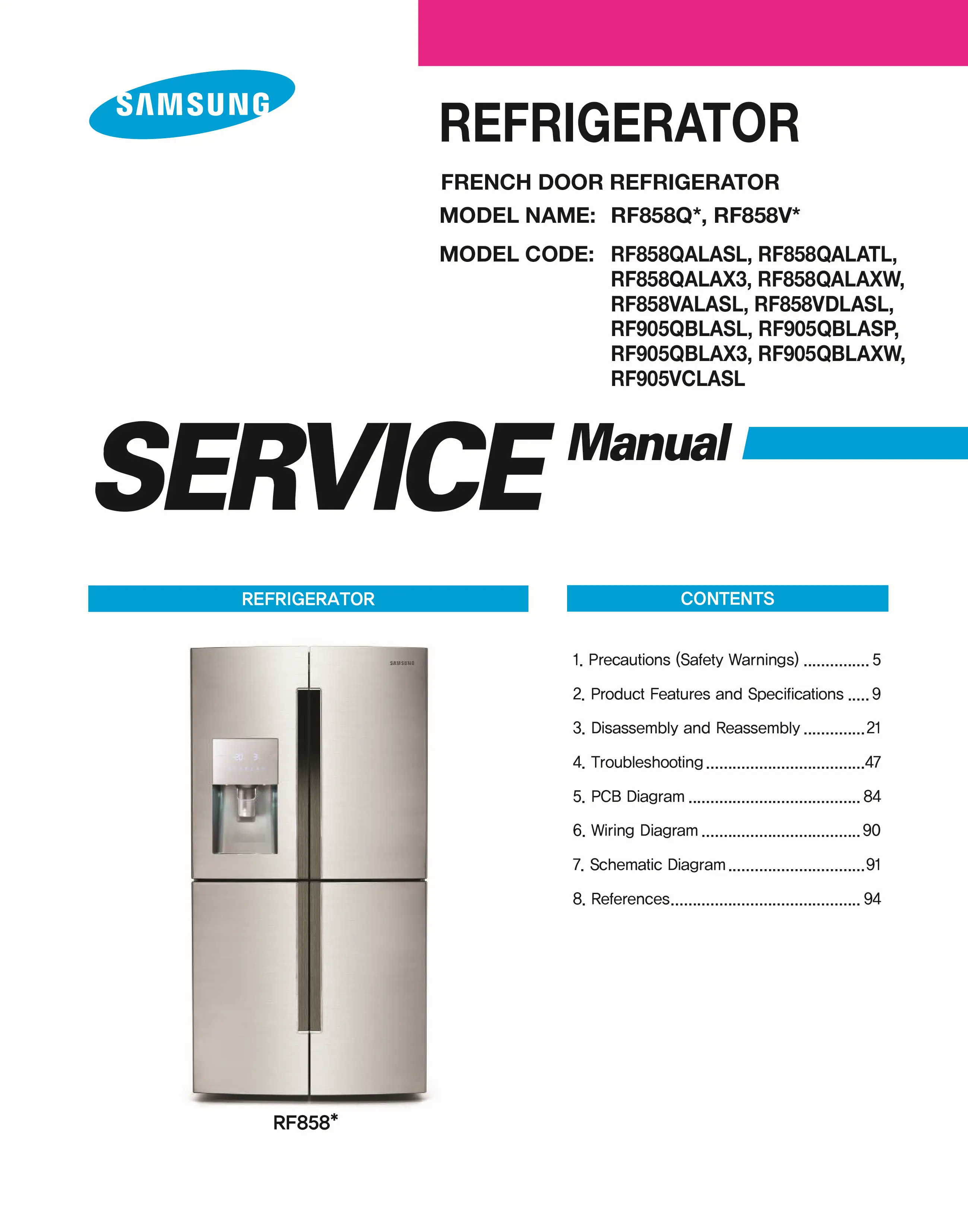 Samsung rf858valasl rf858vdlasl service manual cover with model code and showing a line drawing of the refrigerator