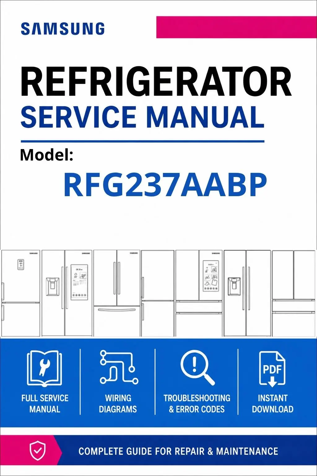 Samsung rfg237aabp service manual cover with model code and showing a line drawing of the refrigerator