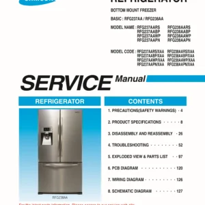 Samsung rfg238aars service manual cover with model code and showing a line drawing of the refrigerator