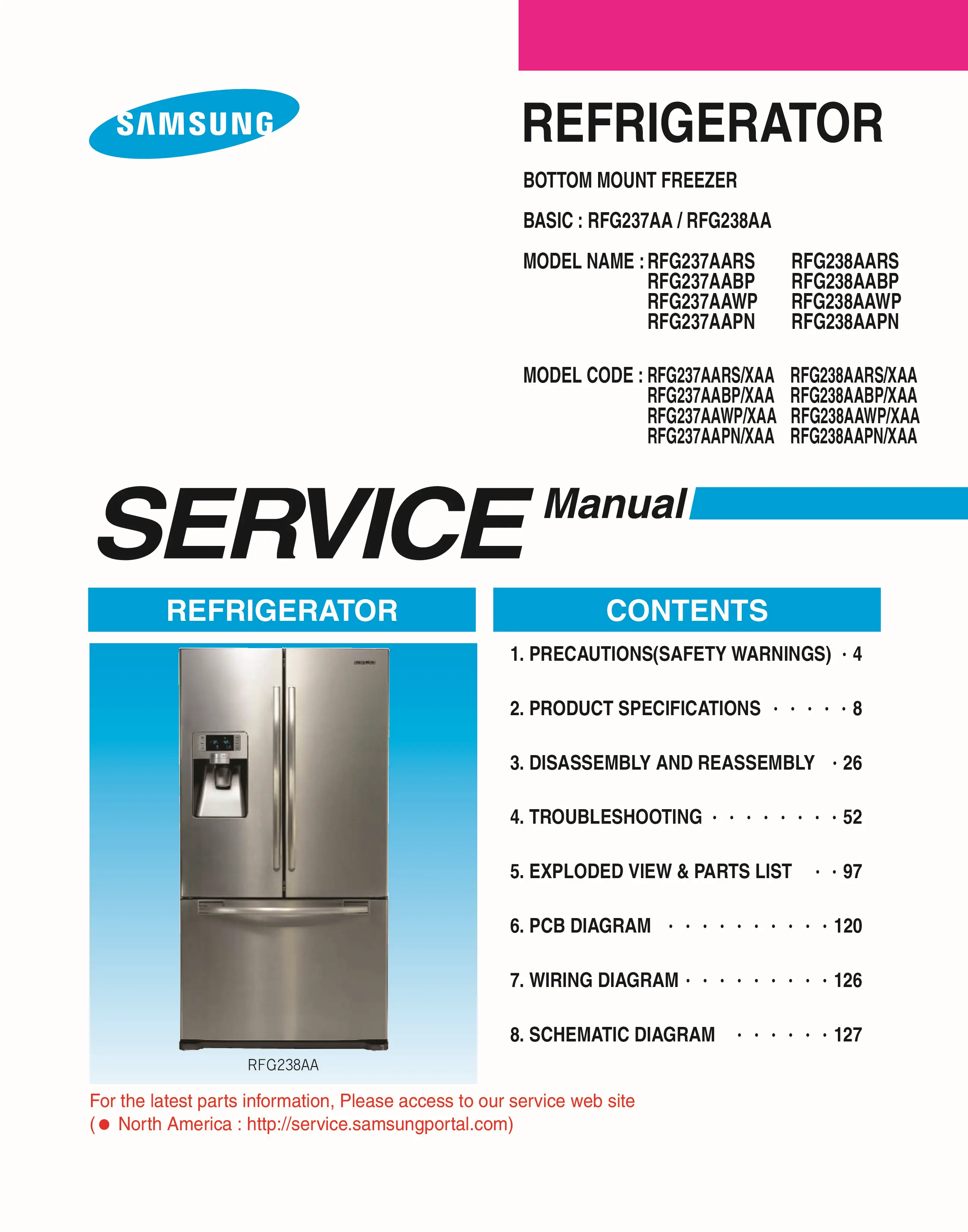 Samsung rfg238aars service manual cover with model code and showing a line drawing of the refrigerator
