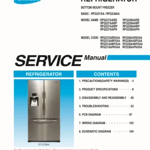 Samsung rfg238azrs rfg238aabp rfg238aawp rfg238aapn service manual cover with model code and showing a line drawing of the refrigerator