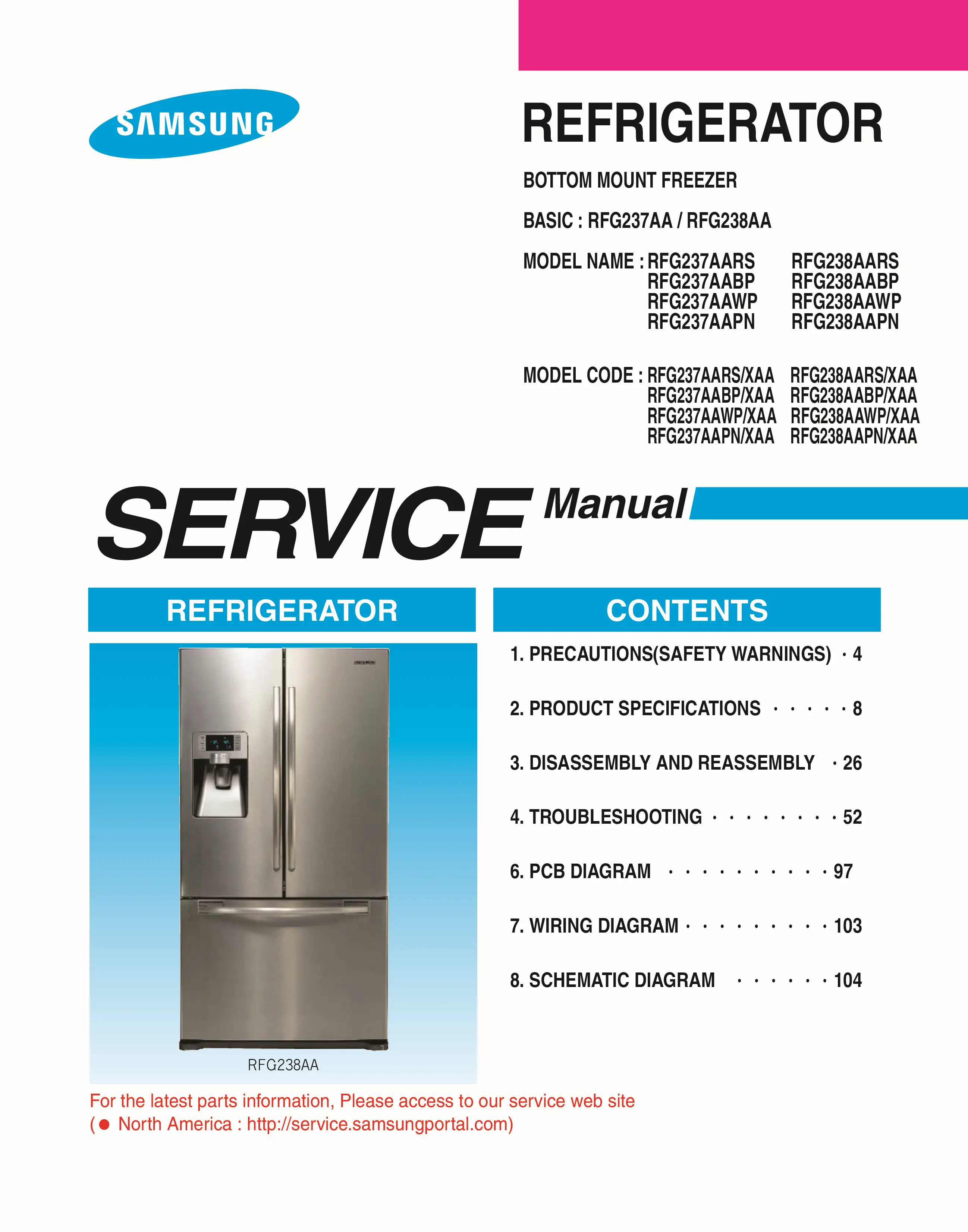 Samsung rfg238azrs rfg238aabp rfg238aawp rfg238aapn service manual cover with model code and showing a line drawing of the refrigerator