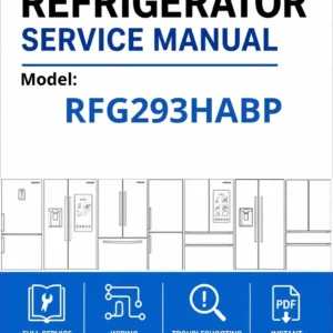 Samsung rfg293habp service manual cover with model code and showing a line drawing of the refrigerator