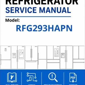 Samsung rfg293hapn service manual cover with model code and showing a line drawing of the refrigerator
