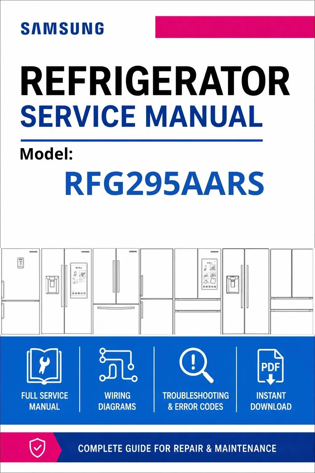 Samsung rfg295aars service manual cover with model code and showing a line drawing of the refrigerator