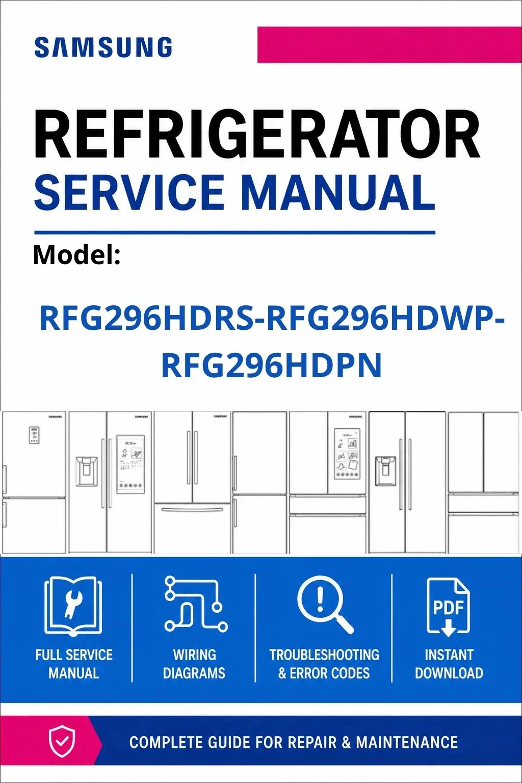 Samsung rfg296hdrs rfg296hdwp rfg296hdpn service manual cover with model code and showing a line drawing of the refrigerator