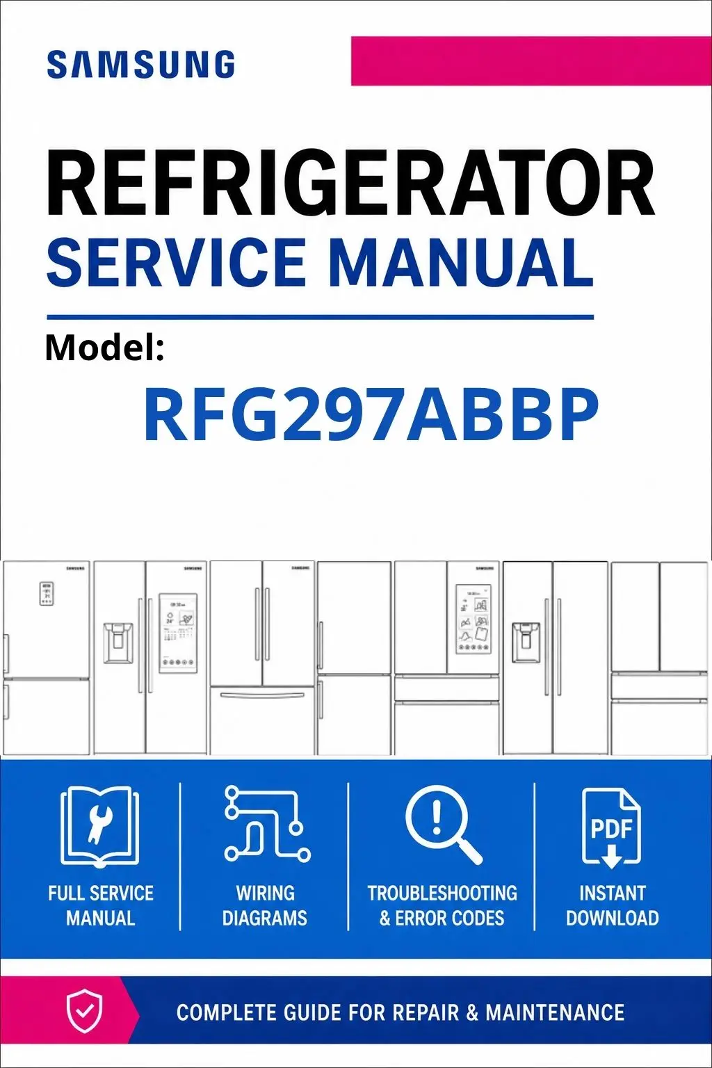 Samsung rfg297abbp service manual cover with model code and showing a line drawing of the refrigerator