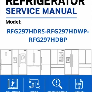 Samsung rfg297hdrs rfg297hdwp rfg297hdbp service manual cover with model code and showing a line drawing of the refrigerator