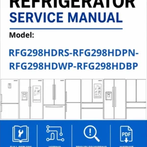 Samsung rfg298hdrs rfg298hdpn rfg298hdwp rfg298hdbp service manual cover with model code and showing a line drawing of the refrigerator