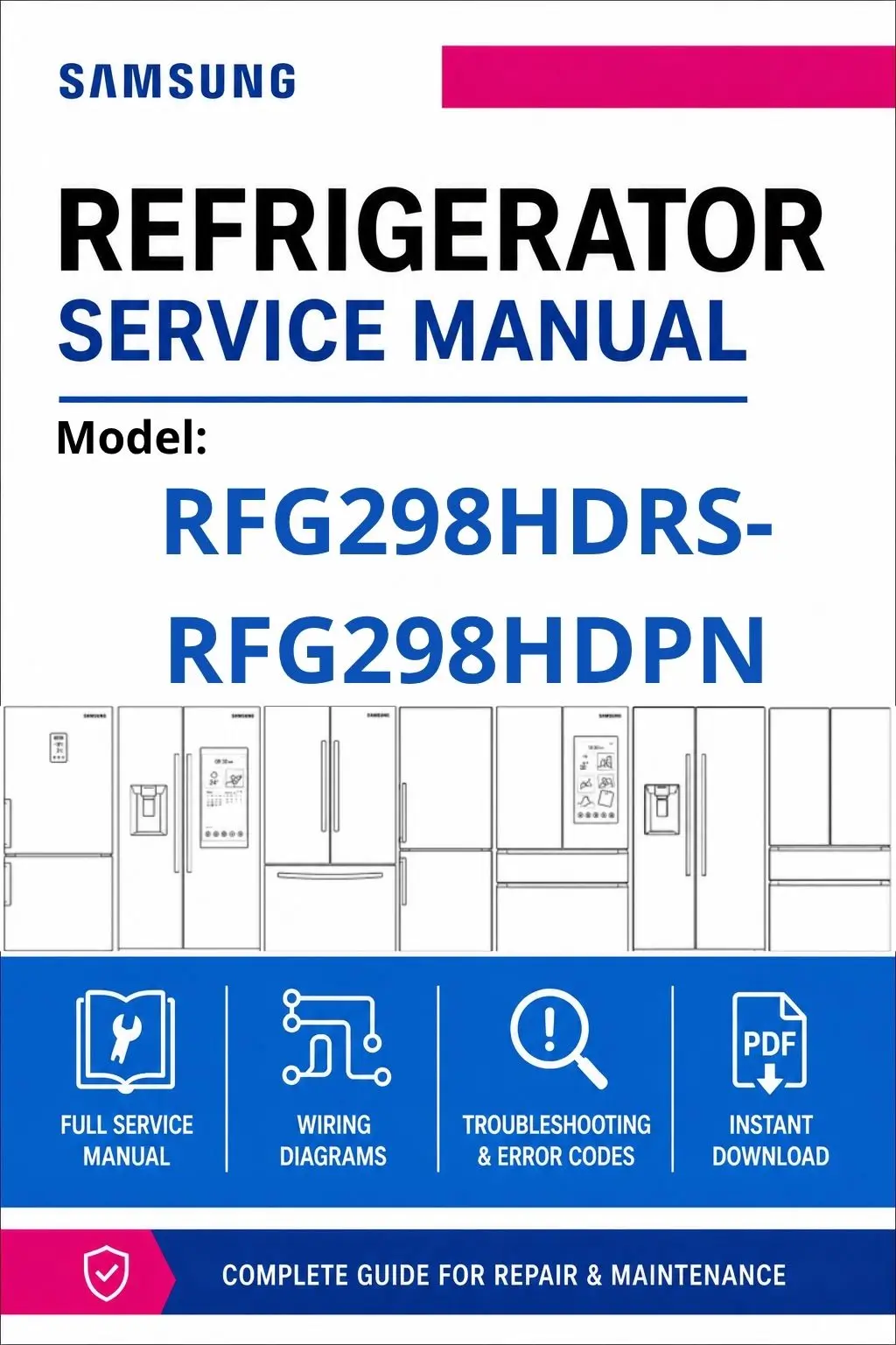 Samsung rfg298hdrs rfg298hdpn service manual cover with model code and showing a line drawing of the refrigerator