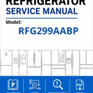 Samsung rfg299aabp service manual cover with model code and showing a line drawing of the refrigerator