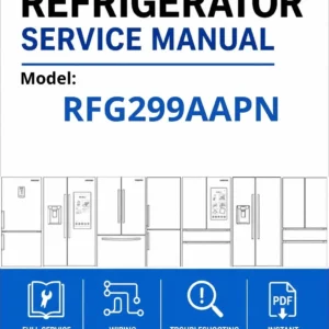 Samsung rfg299aapn service manual cover with model code and showing a line drawing of the refrigerator