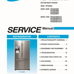 Samsung rfg299abrs rfg299abbp rfg299abwp rfg299abpn service manual cover with model code and showing a line drawing of the refrigerator