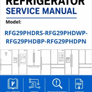 Samsung rfg29phdrs rfg29phdwp rfg29phdbp rfg29phdpn service manual cover with model code and showing a line drawing of the refrigerator