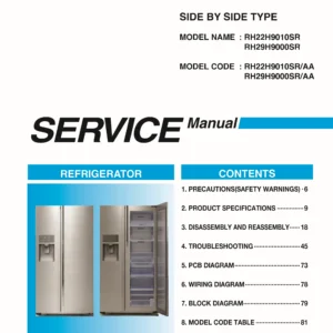 Samsung rh22h9010sr rh29h9000sr service manual cover with model code and showing a line drawing of the refrigerator