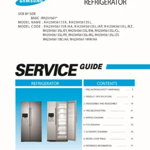Samsung rh25h5611sr rh25h5613sl rh25h5611bc rh25h5611ww service manual cover with model code and showing a line drawing of the refrigerator