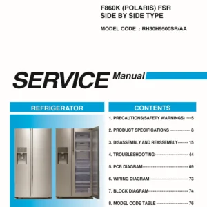 Samsung rh30h9500sr service manual cover with model code and showing a line drawing of the refrigerator