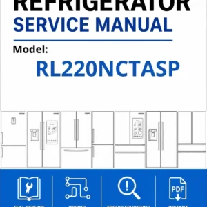 Samsung rl220nctasp service manual cover with model code and showing a line drawing of the refrigerator