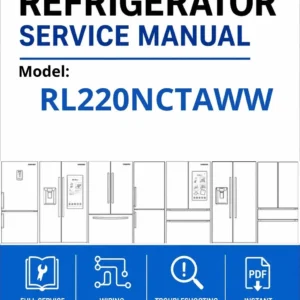 Samsung rl220nctaww service manual cover with model code and showing a line drawing of the refrigerator