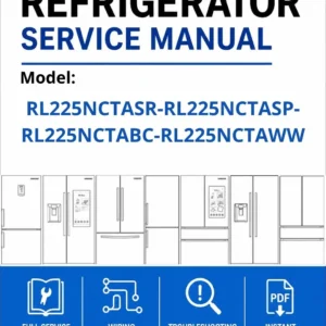 Samsung rl225nctasr rl225nctasp rl225nctabc rl225nctaww service manual cover with model code and showing a line drawing of the refrigerator