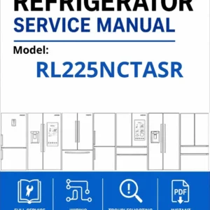 Samsung rl225nctasr service manual cover with model code and showing a line drawing of the refrigerator