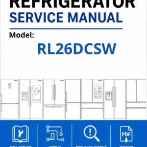 Samsung rl26dcsw service manual cover with model code and showing a line drawing of the refrigerator