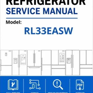 Samsung rl33easw service manual cover with model code and showing a line drawing of the refrigerator