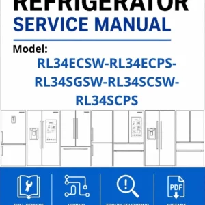 Samsung rl34ecsw rl34ecps rl34sgsw rl34scsw rl34scps service manual cover with model code and showing a line drawing of the refrigerator