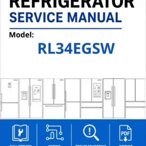 Samsung rl34egsw service manual cover with model code and showing a line drawing of the refrigerator