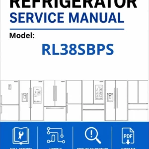 Samsung rl38sbps service manual cover with model code and showing a line drawing of the refrigerator