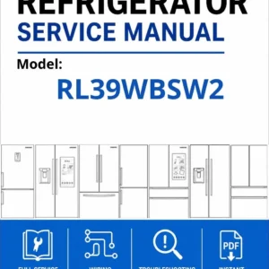 Samsung rl39wbsw2 service manual cover with model code and showing a line drawing of the refrigerator
