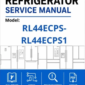 Samsung rl44ecps rl44ecps1 service manual cover with model code and showing a line drawing of the refrigerator