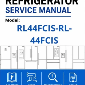 Samsung rl44fcis rl 44fcis service manual cover with model code and showing a line drawing of the refrigerator