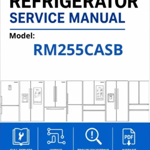 Samsung rm255casb service manual cover with model code and showing a line drawing of the refrigerator