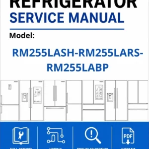 Samsung rm255lash rm255lars rm255labp service manual cover with model code and showing a line drawing of the refrigerator