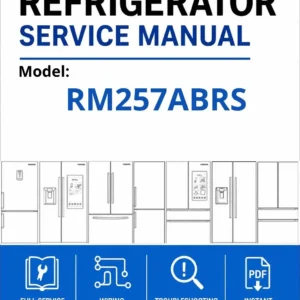 Samsung rm257abrs service manual cover with model code and showing a line drawing of the refrigerator