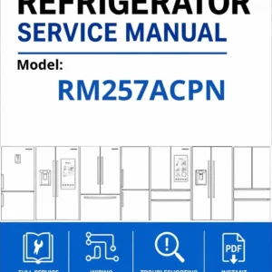 Samsung rm257acpn service manual cover with model code and showing a line drawing of the refrigerator