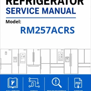 Samsung rm257acrs service manual cover with model code and showing a line drawing of the refrigerator