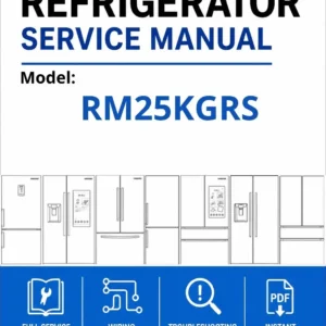 Samsung rm25kgrs service manual cover with model code and showing a line drawing of the refrigerator